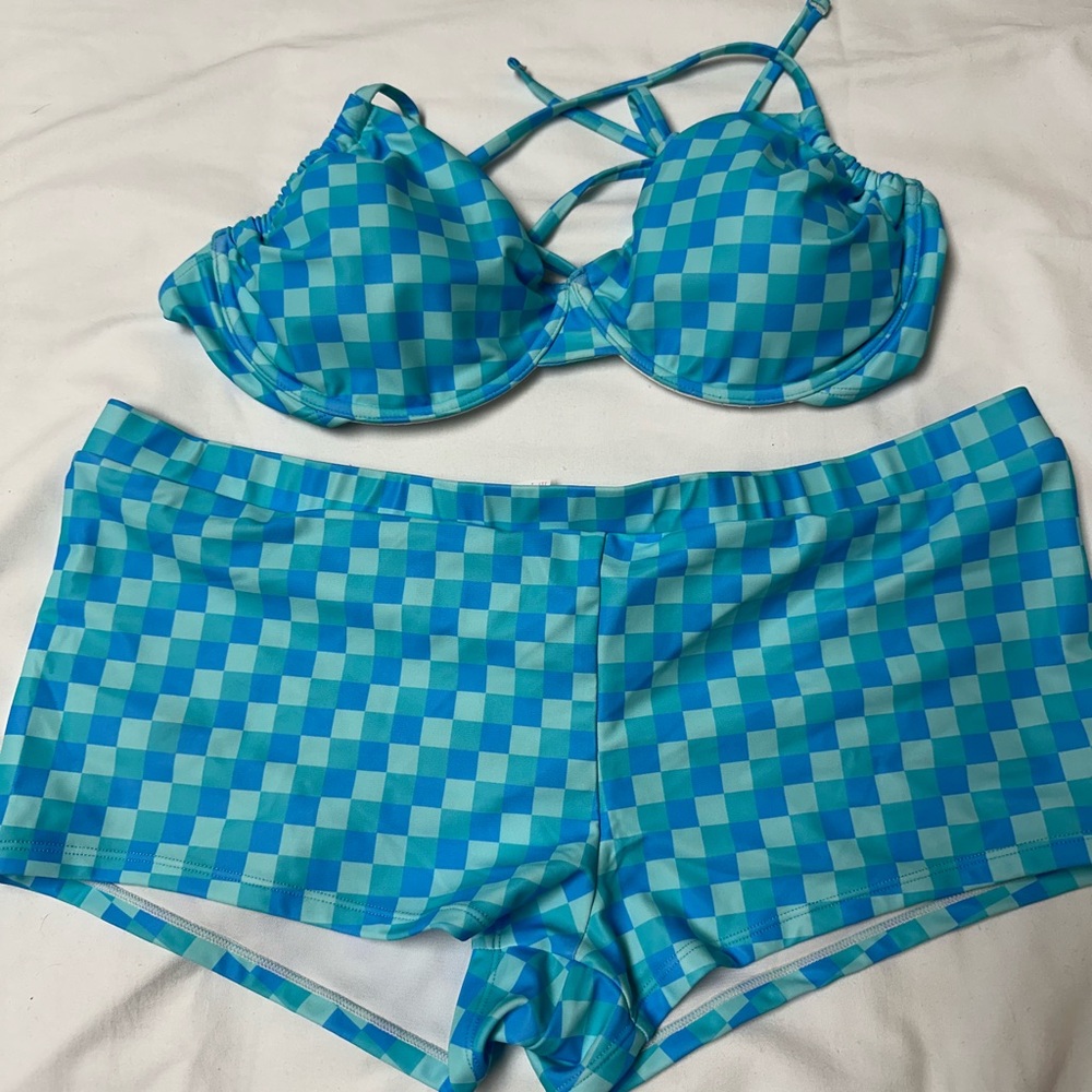 Ninety Blue and Aqua Checkered Swimwear
